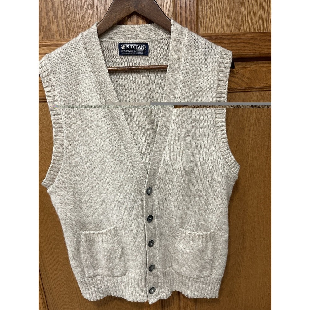 Vintage Puritan Sweater Vest Shetland Wool Blend Tan Button Front Pockets XL